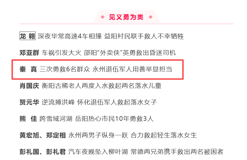 三入激流 勇救六人——零陵区秦真获评“湖南好人”